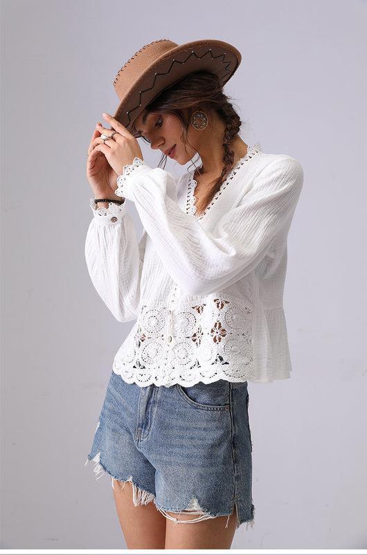 Blusa Suelta de Encaje Hueco Francés para Mujer - Image 12