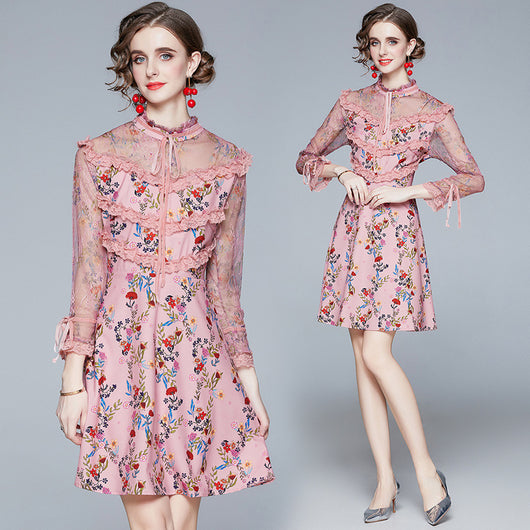Vestido Otoñal de Encaje con Estampado y Manga Larga - Image 5