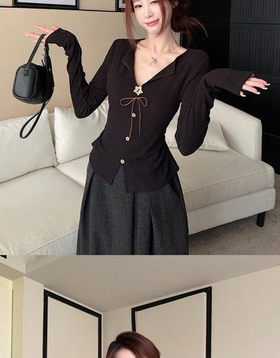 Blusa Elegante Francesa Cuello V Manga Larga Ajustada con Botones - Image 27