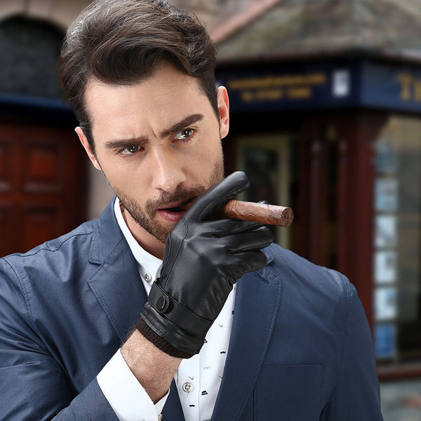 Guantes de Cuero Lavado para Hombre con Pantalla Táctil Terciopelada