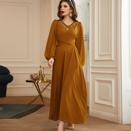 Vestido Largo Elegante de Manga Larga en Colores Sólidos Estilo Francés - Image 5