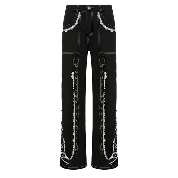 Wide-Leg Denim Pants with Seams and Lace - Modern Wash