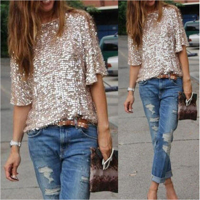Blusa Suelta Sexy con Lentejuelas Brillantes Fuera del Hombro para Mujer - Image 3