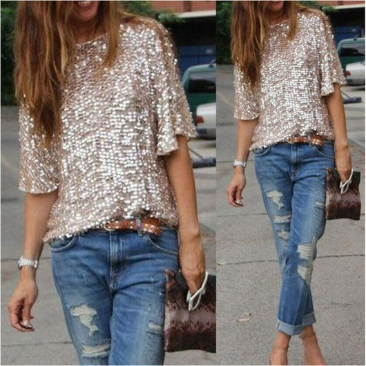 Blusa Suelta Sexy con Lentejuelas Brillantes Fuera del Hombro para Mujer - Image 3