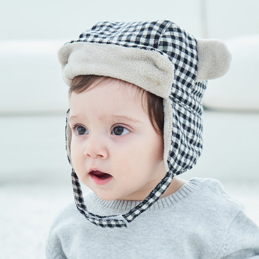 Gorro para Bebé de Cashmere con Orejas de Oso a Cuadros Blanco y Negro - Image 8