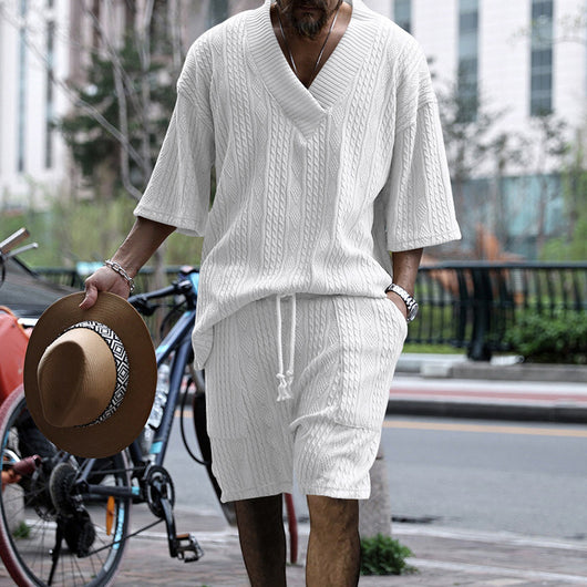 Conjunto de 2 Piezas Hombre: Playera Jacquard Cuello V Manga Corta + Shorts con Bolsillos - Image 9
