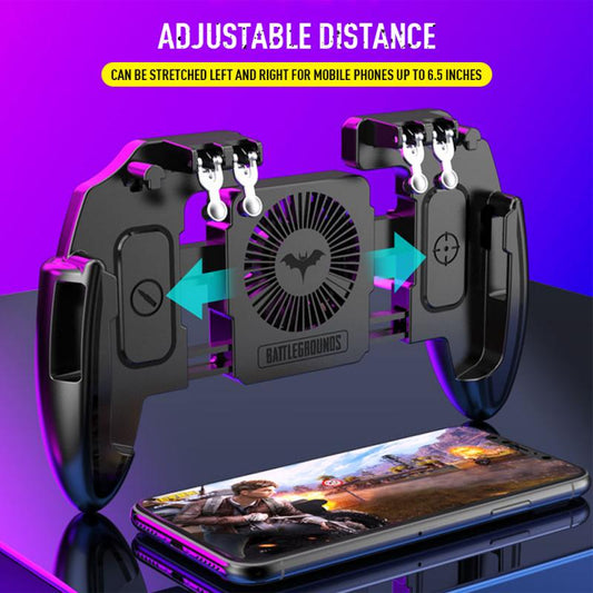 Black M11 mobile gaming controller with cooling fan and four silver trigger buttons for smartphones.