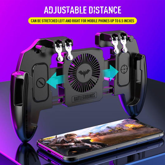Black M11 mobile gaming controller with cooling fan and four silver trigger buttons for smartphones.