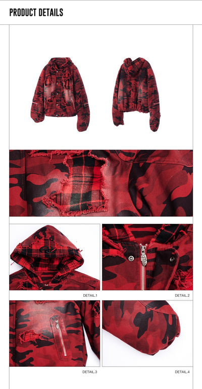 Chaqueta Roja de Algodón Desgarrado con Capucha y Cuadros Perforados - Image 12
