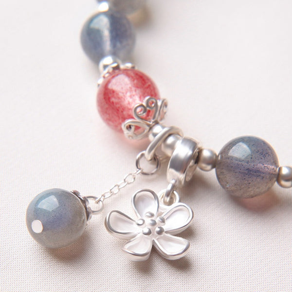 Pulsera Cristal Plata 925 Flores de Miel - Luz de Luna Lima y Fresa