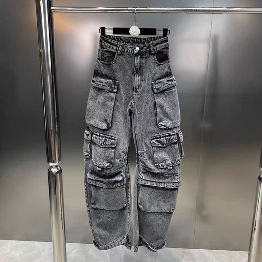Pantalones Vaqueros Anchos con Múltiples Bolsillos - Estilo Casual Moderno