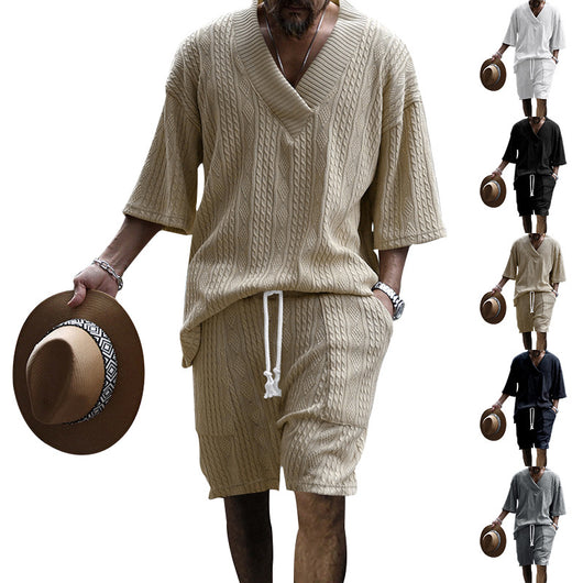 Conjunto de 2 Piezas Hombre: Playera Jacquard Cuello V Manga Corta + Shorts con Bolsillos