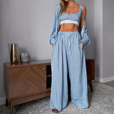 Conjunto de 3 Piezas Y2K Mujer: Top Rayado, Camisa Manga Larga y Pantalón Elástico - Image 3