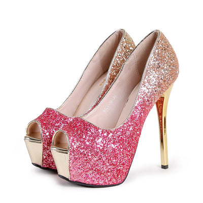 Tacones Plataforma Stiletto Degradé con Lentejuelas y Punta Abierta
