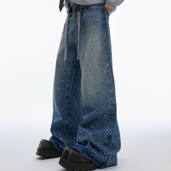 Jeans Retro Lavado con Cintas y Strass Brillantes