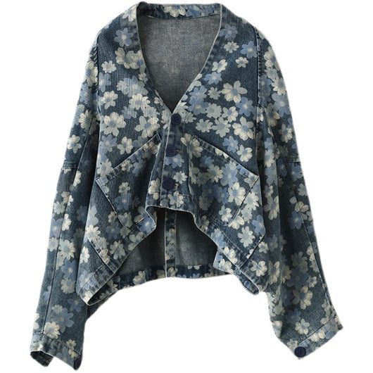 Chaqueta Denim Estampada Mujer Manga Murciélago Suelta - Image 7