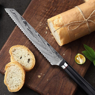 Cuchillo de Pan Damasco Japonés - Acero de Alta Precisión
