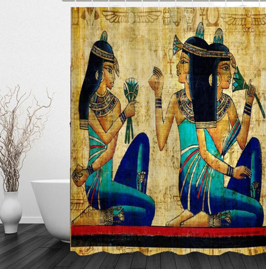 Egyptian girl shower curtain featuring ancient art of two women in blue and gold attire on a papyrus-like background.