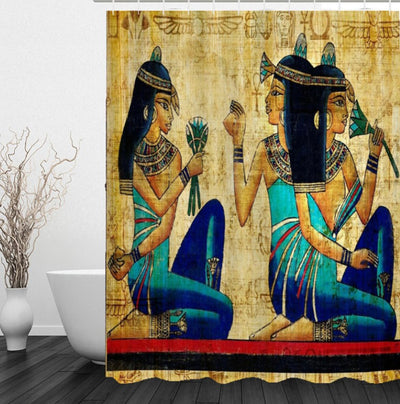 Egyptian girl shower curtain featuring ancient art of two women in blue and gold attire on a papyrus-like background.