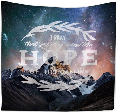 Tapestry with a galaxy and mountain landscape, featuring a white laurel wreath and the quote 'I PRAY that you may know the HOPE OF HIS CALLING'. - Image 2