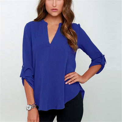 Blusa Holgada de Gasa con Cuello en V y Mangas Fruncidas Talla Grande - Image 4
