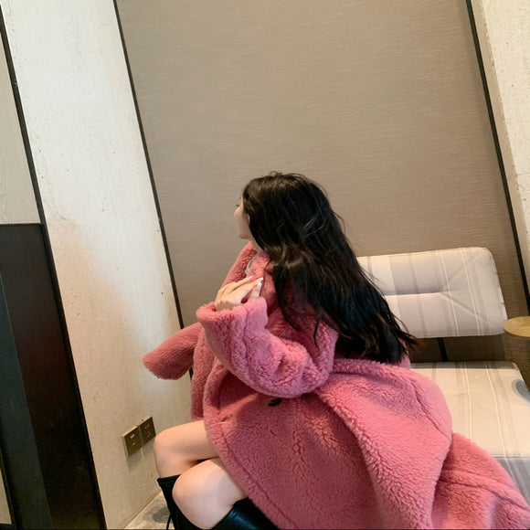 Abrigo de Lana para Mujer con Cuello de Peluche Sintético Largo