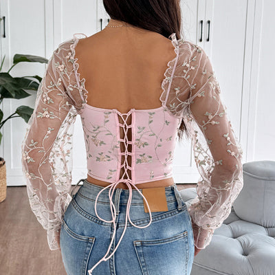 Blusa Larga de Malla Transparente con Parches Bordados - Image 18