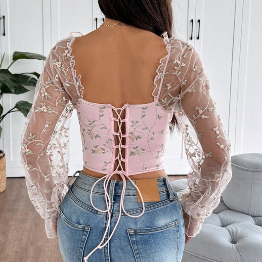 Blusa Larga de Malla Transparente con Parches Bordados - Image 18