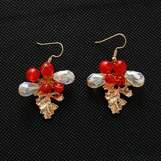 Red floral wedding costume jewelry set with a headdress, three hairpins, and two dangle earrings. - Image 5