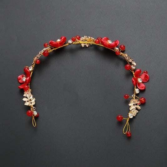 Red floral wedding costume jewelry set with a headdress, three hairpins, and two dangle earrings. - Image 2