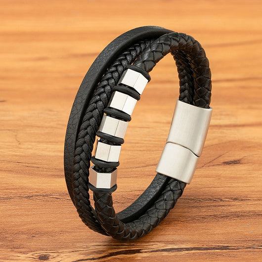 Pulsera de Cuero Trenzado Multicapa para Hombre con Acero Inoxidable - Image 8