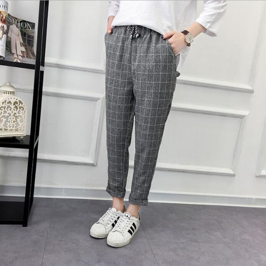 Pantalones Casuales Cuadros Harem de Nueve Puntos