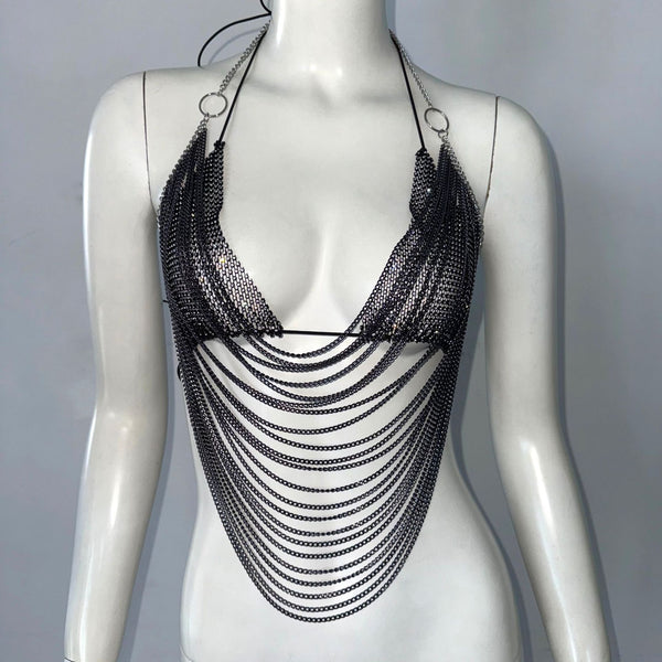 Conjunto de Dos Piezas: Top Halter Fishnet con Strass y Detalles Metálicos - Image 3