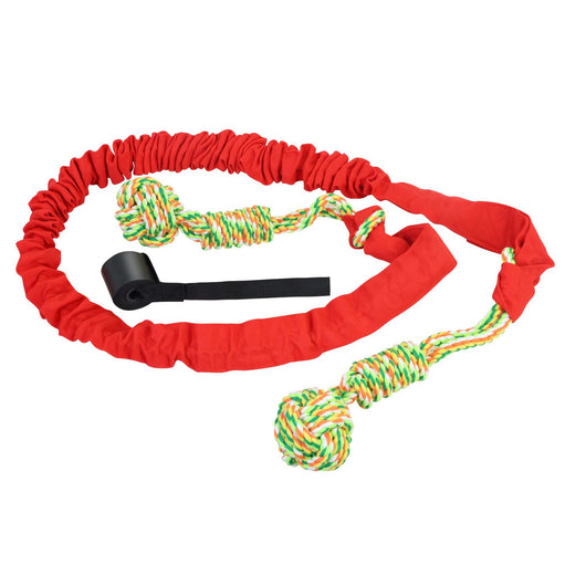 Grey elastic dog tug-of-war rope with two colorful knotted cotton rope ends and a black suction cup. - Image 5