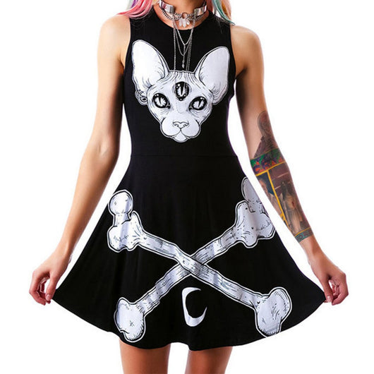 Vestido de Verano Mujer con Patrón de Dibujo Animado de Tres Ojos y Media Luna
