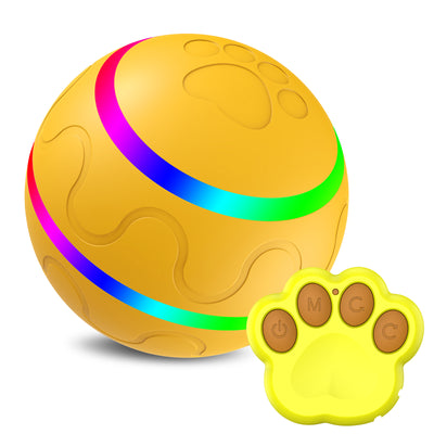 Orange pet wicked ball toy with colorful LED lights and a yellow paw-shaped remote control. - Image 15