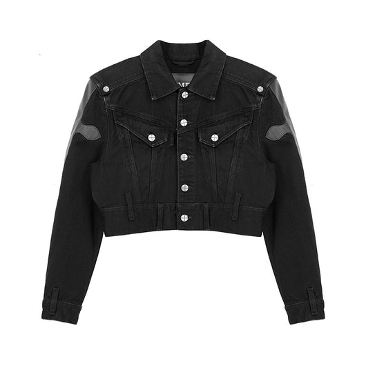 Chaqueta Denim Corta Patchwork Cuero - Estilo Casual Versátil