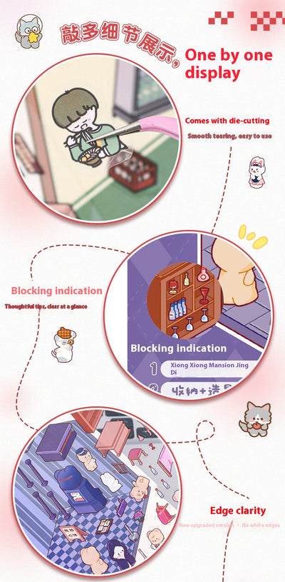 Diy Notebook Decompression Stacking Miniature Sticker set featuring a cute cartoon hot pot shop scene with animal characters. - Image 34