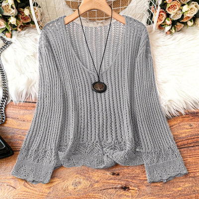 Suéter Calado Talla Grande para Mujer - Manga Larga Tejida Cuello V - Image 8