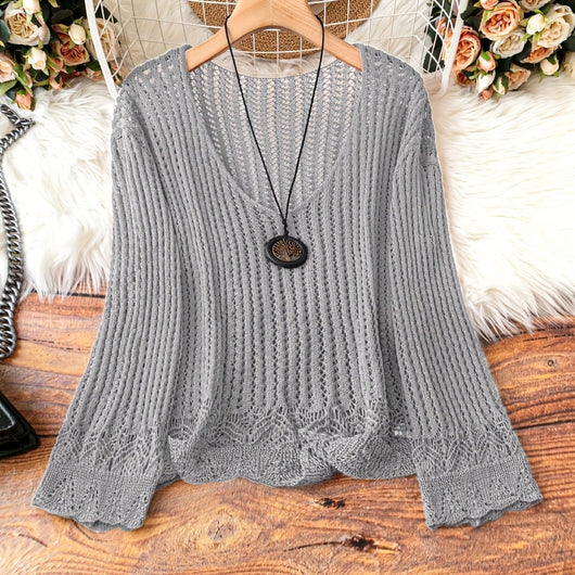 Suéter Calado Talla Grande para Mujer - Manga Larga Tejida Cuello V - Image 8