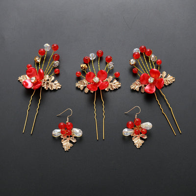 Red floral wedding costume jewelry set with a headdress, three hairpins, and two dangle earrings. - Image 3