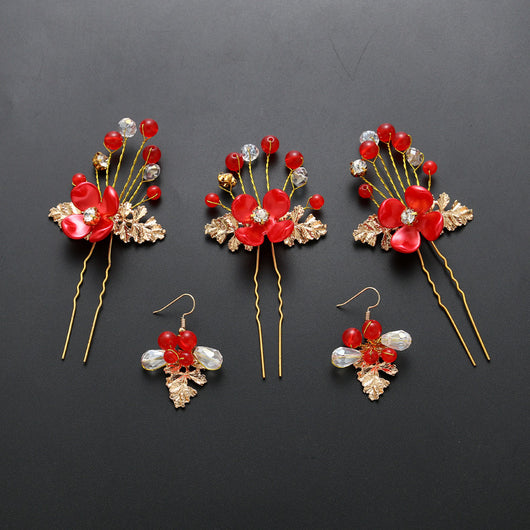 Red floral wedding costume jewelry set with a headdress, three hairpins, and two dangle earrings. - Image 3