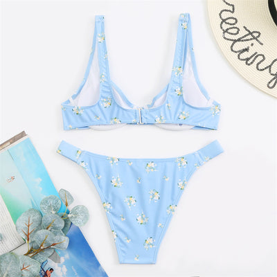 Light blue floral bikini with pink and yellow flowers, featuring an underwire top and high-cut bottom. - Image 21