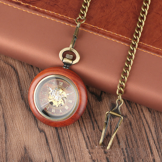 Reloj de Bolsillo Automático Madera con Esfera Texturizada Dorada y Números Romanos - Image 5