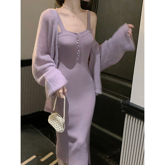Conjunto de Dos Piezas: Cardigan Tejido Morado con Falda Envuelta - Image 9
