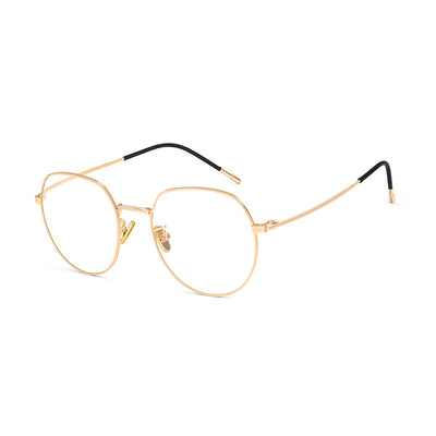 Silver metal anti-blue light glasses with rounded hexagonal clear lenses and black temple tips on a white background. - Image 8