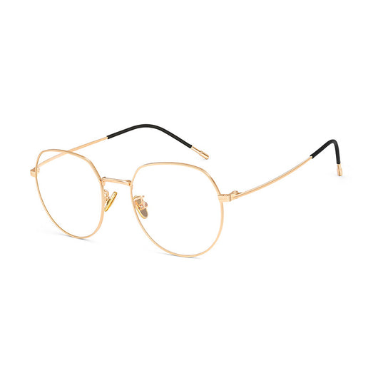 Silver metal anti-blue light glasses with rounded hexagonal clear lenses and black temple tips on a white background. - Image 8