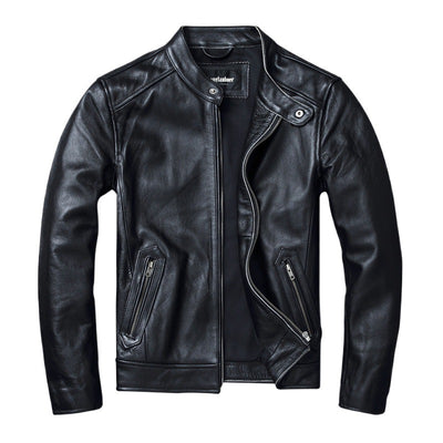 Chaqueta de Cuero Genuino Estilo Retro con Cuello Mao para Hombre - Image 5