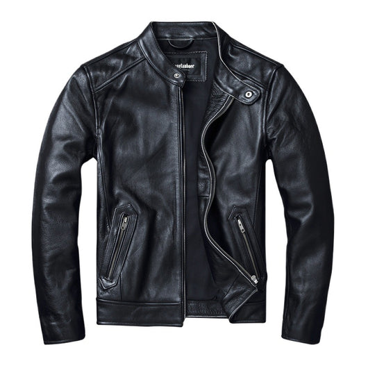Chaqueta de Cuero Genuino Estilo Retro con Cuello Mao para Hombre - Image 5