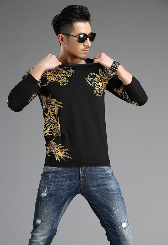 Playera Manga Larga Cuello Redondo Estilo Chino Dragón 3D Slim Fit